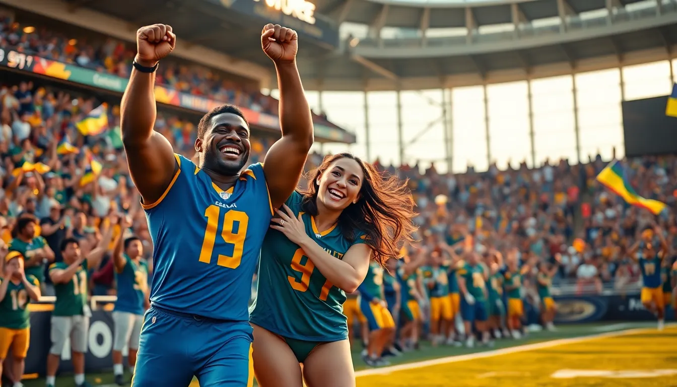 Athletes celebrating an unexpected victory in a stadium.