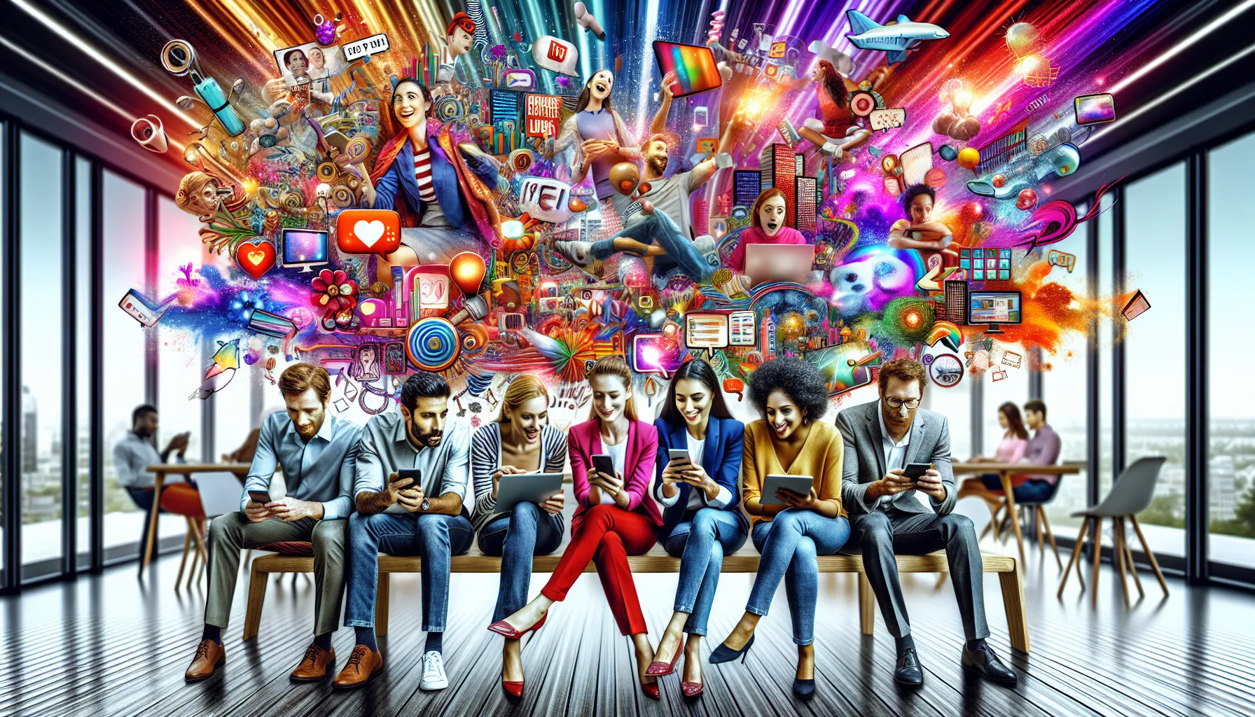 diverse group of young professionals enjoying digital content together.