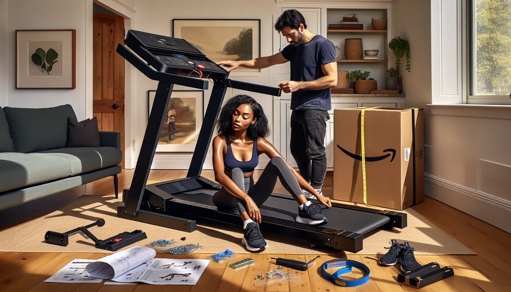 Homeowner assembles folding treadmill; packaging, tools, and Amazon return items nearby.