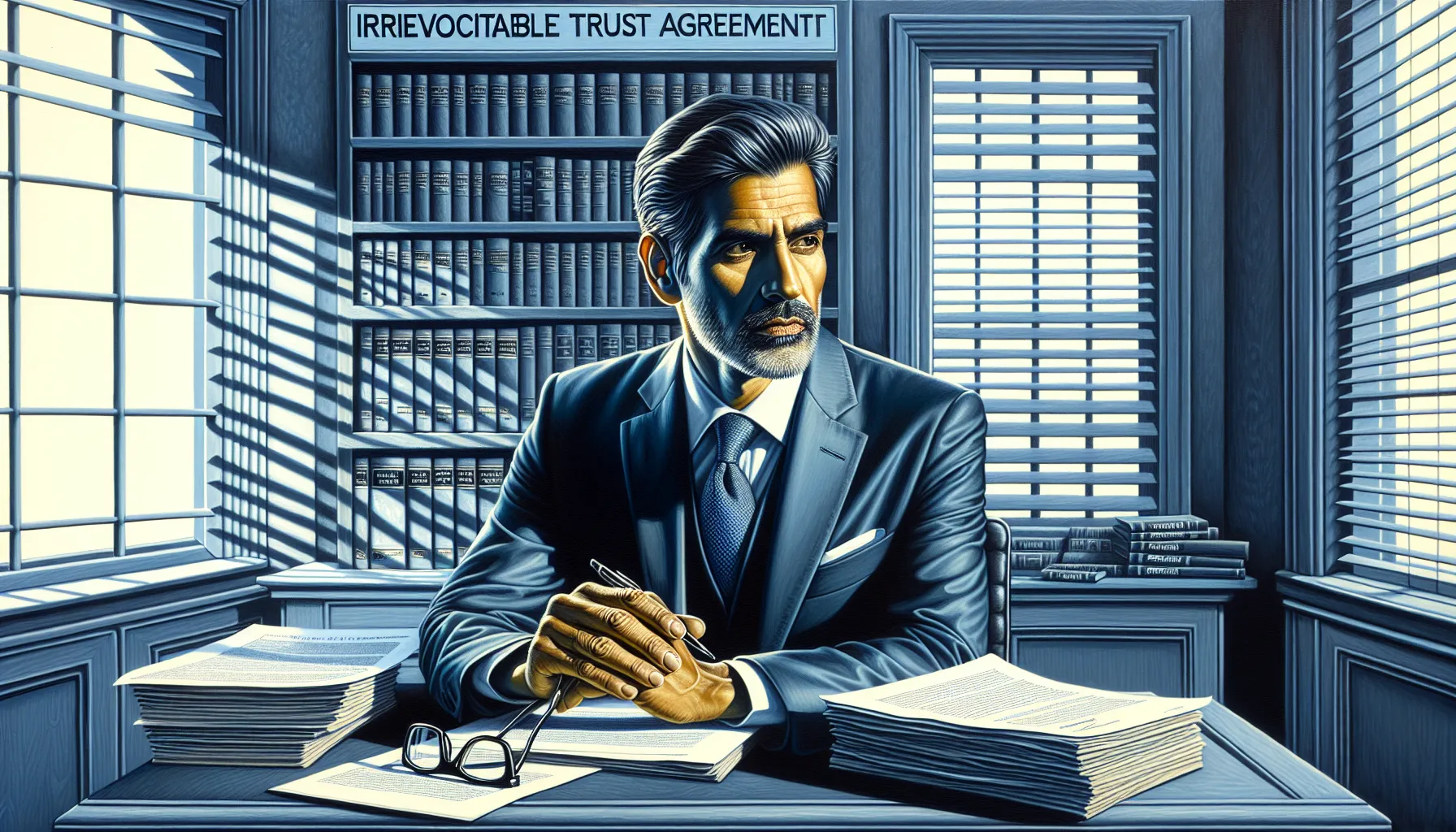 An attorney reviewing legal documents in an office environment.