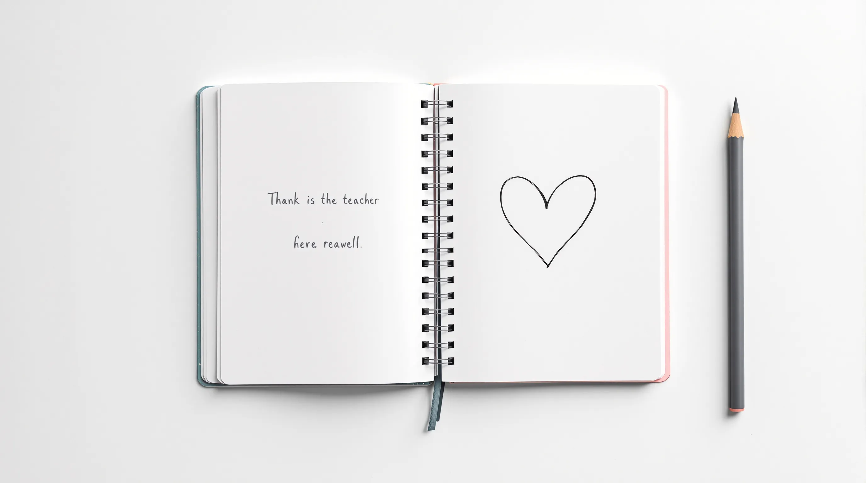 Open notebook with handwritten note and heart symbol beside a pencil on white background.