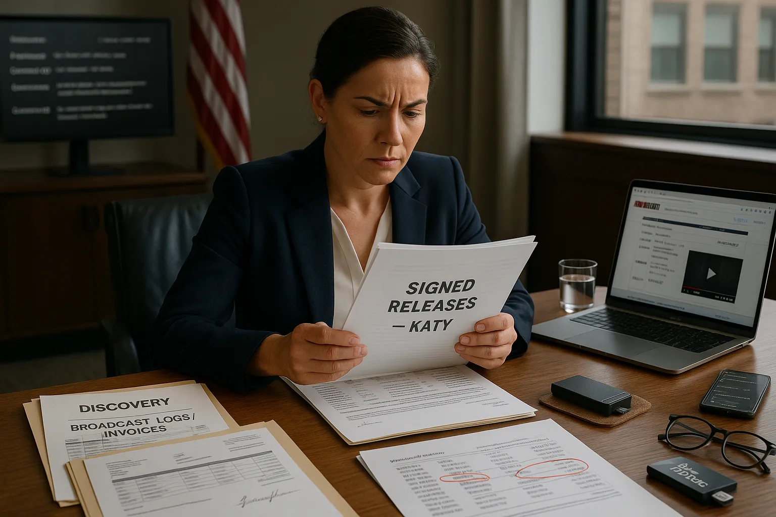 Attorney reviewing signed releases, metadata, and broadcast logs at a table.