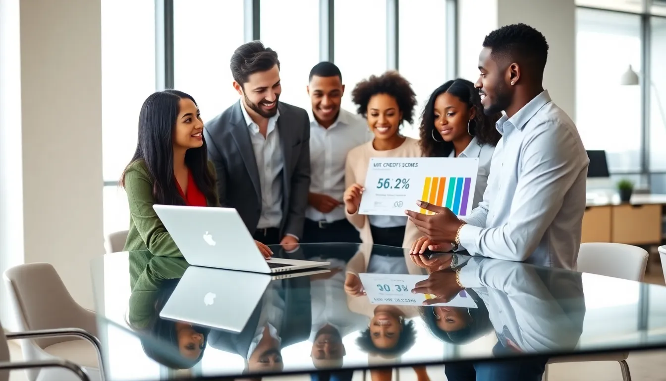 diverse team discussing credit scores in a modern office.