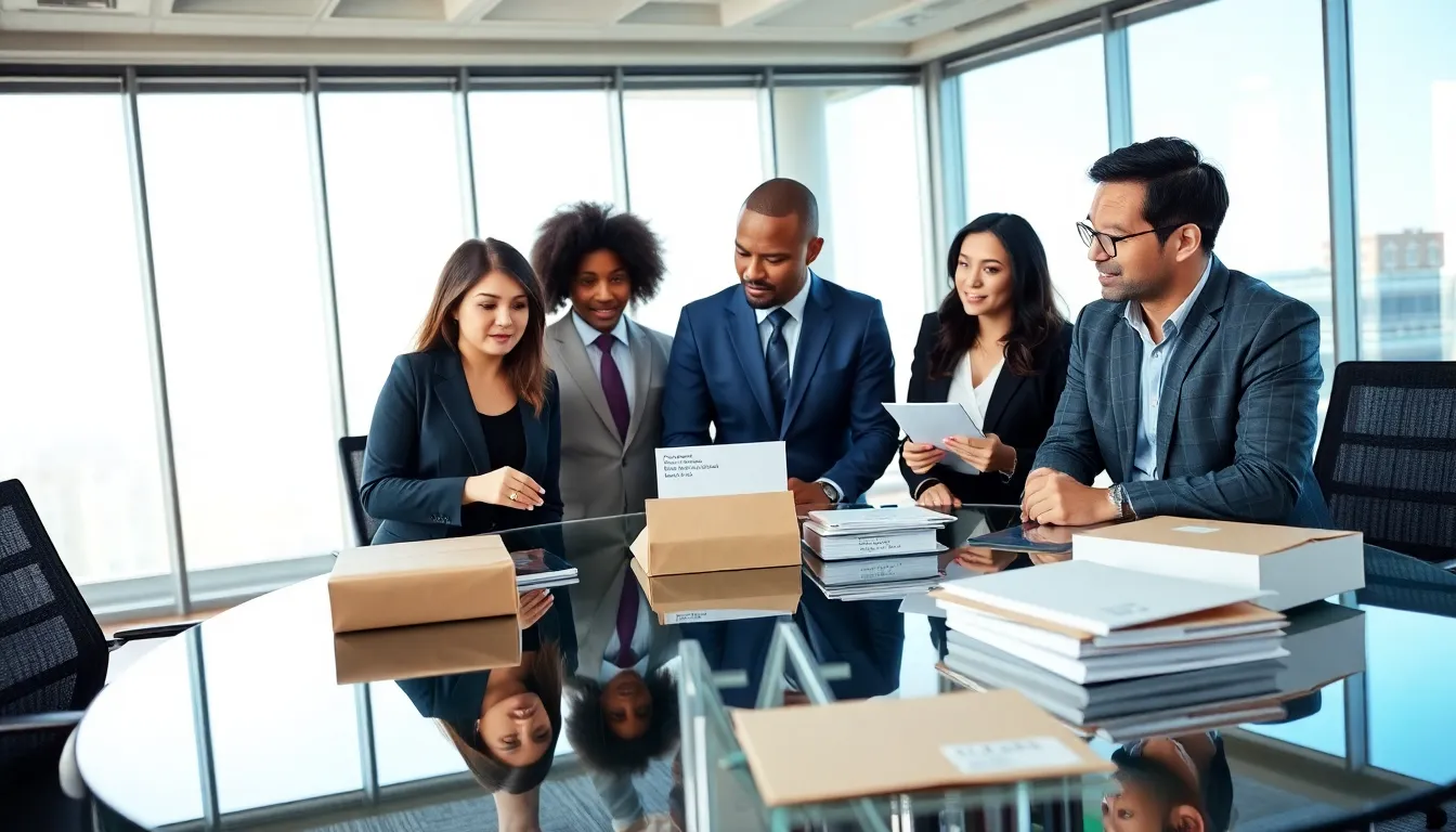 diverse team discussing mail logistics in a modern office.