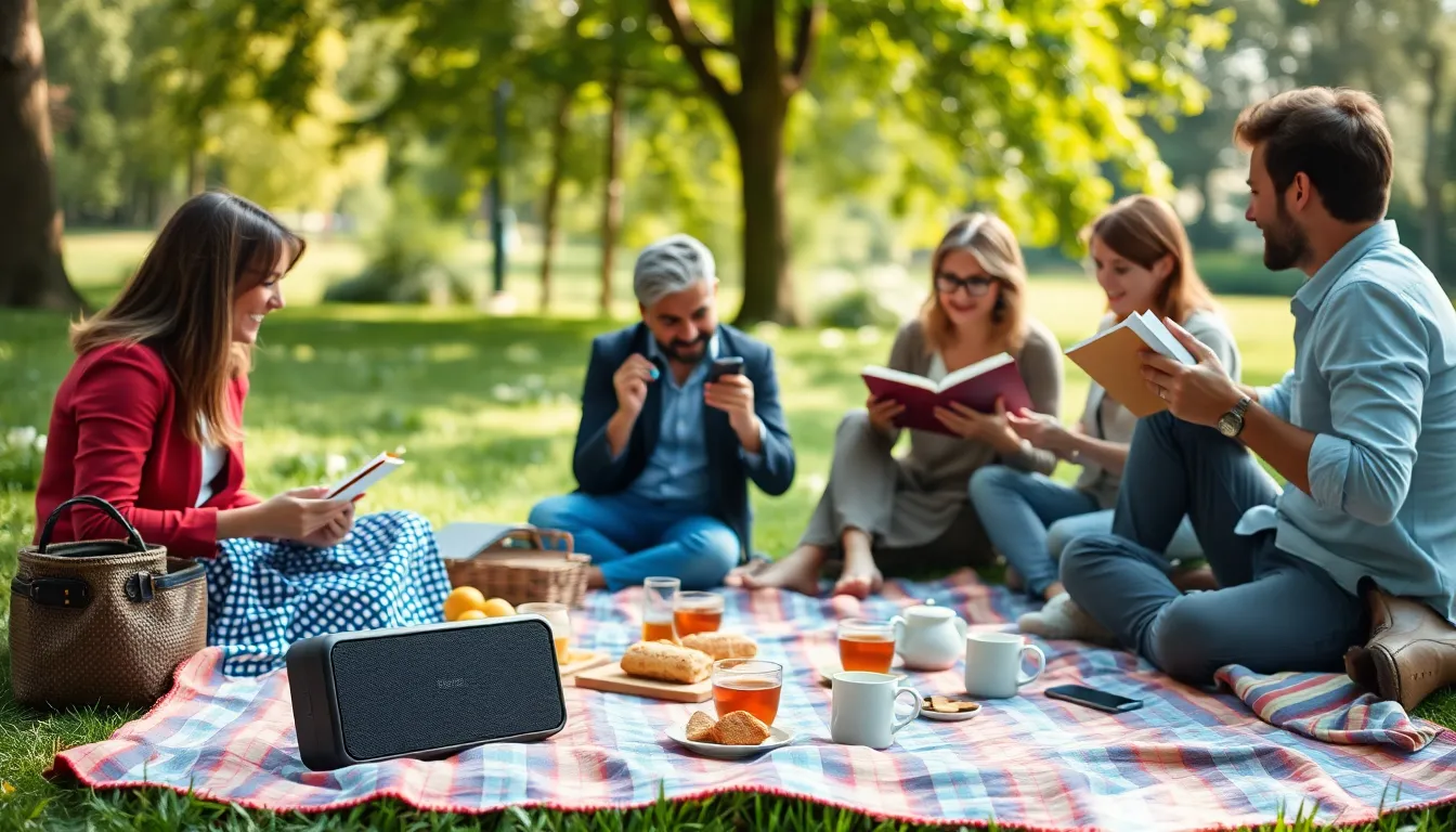 family picnic in a park with classical music playing.