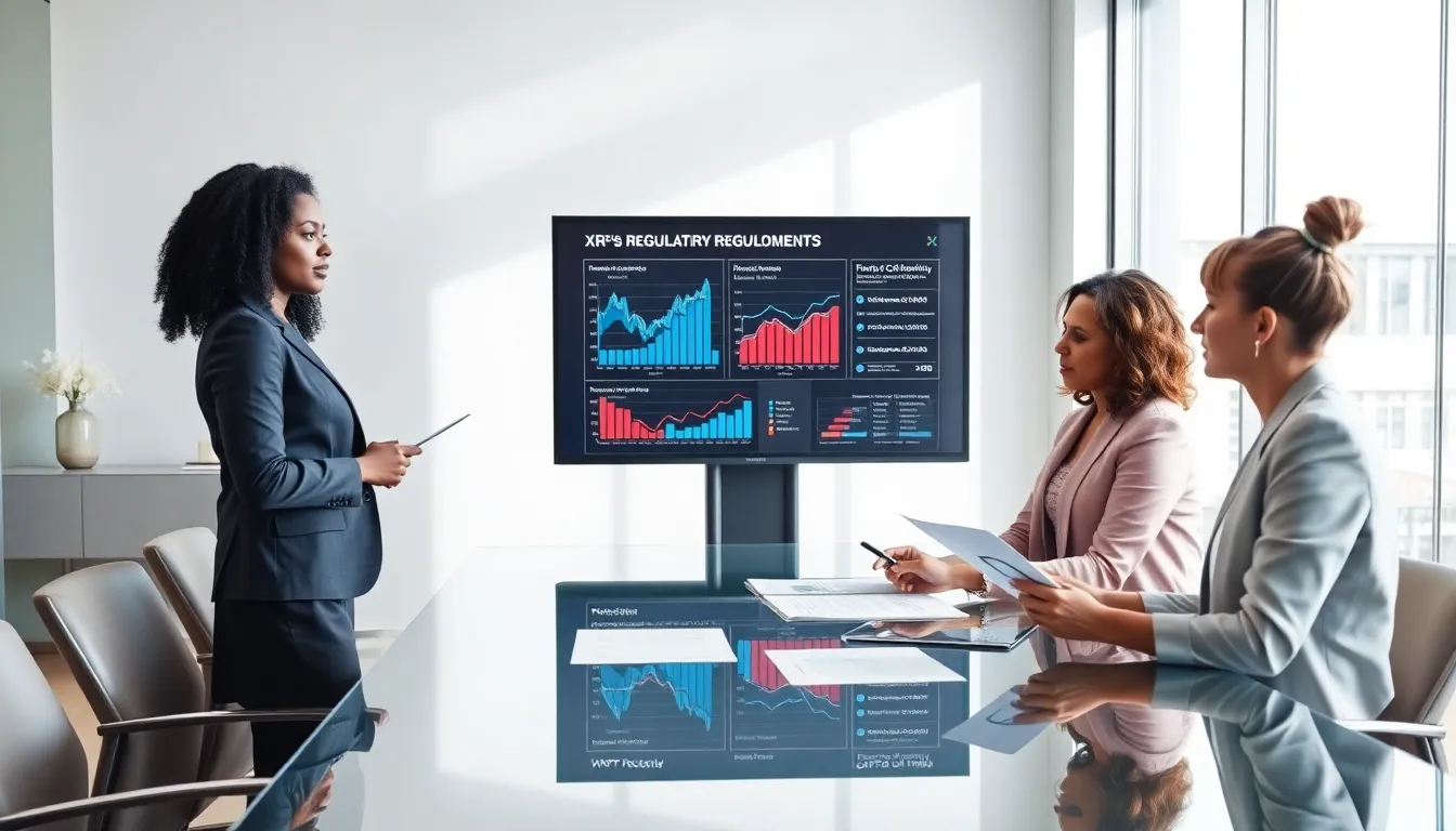 diverse professionals discussing cryptocurrency regulations in a modern office.