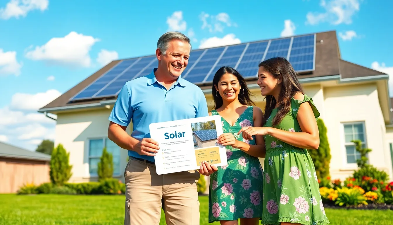 a family discussing solar home financing options in front of their home.