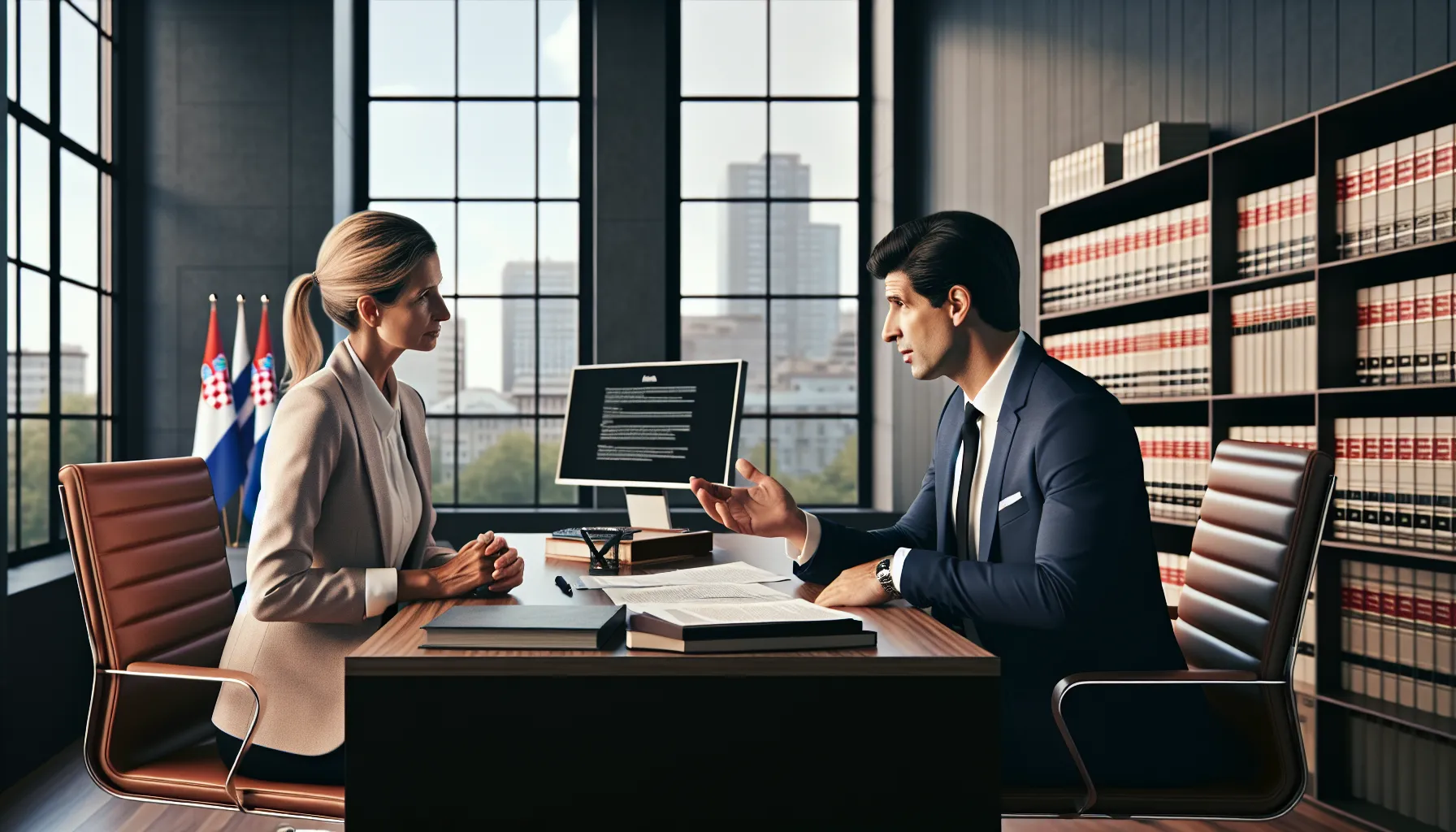 Croatian lawyer explaining divorce forms to client in modern law office