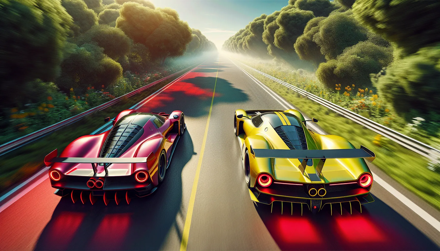 A red Ferrari and yellow Lamborghini racing on a scenic road.