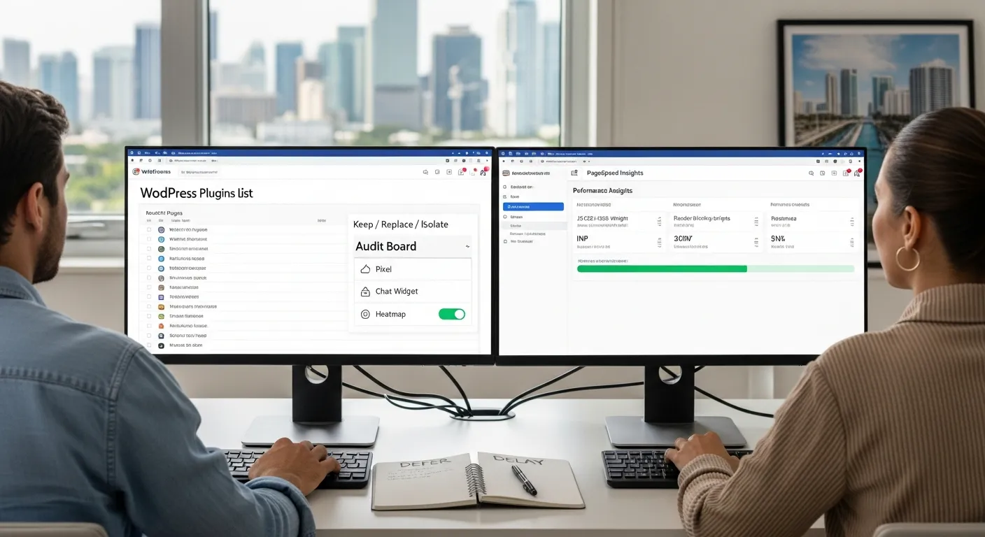 Professionals auditing WordPress plugins and scripts on speed test dashboards.