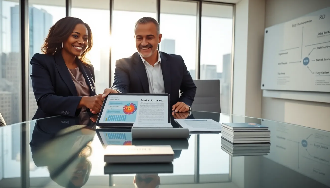 Two executives shaking hands over partnership documents in a modern conference room.