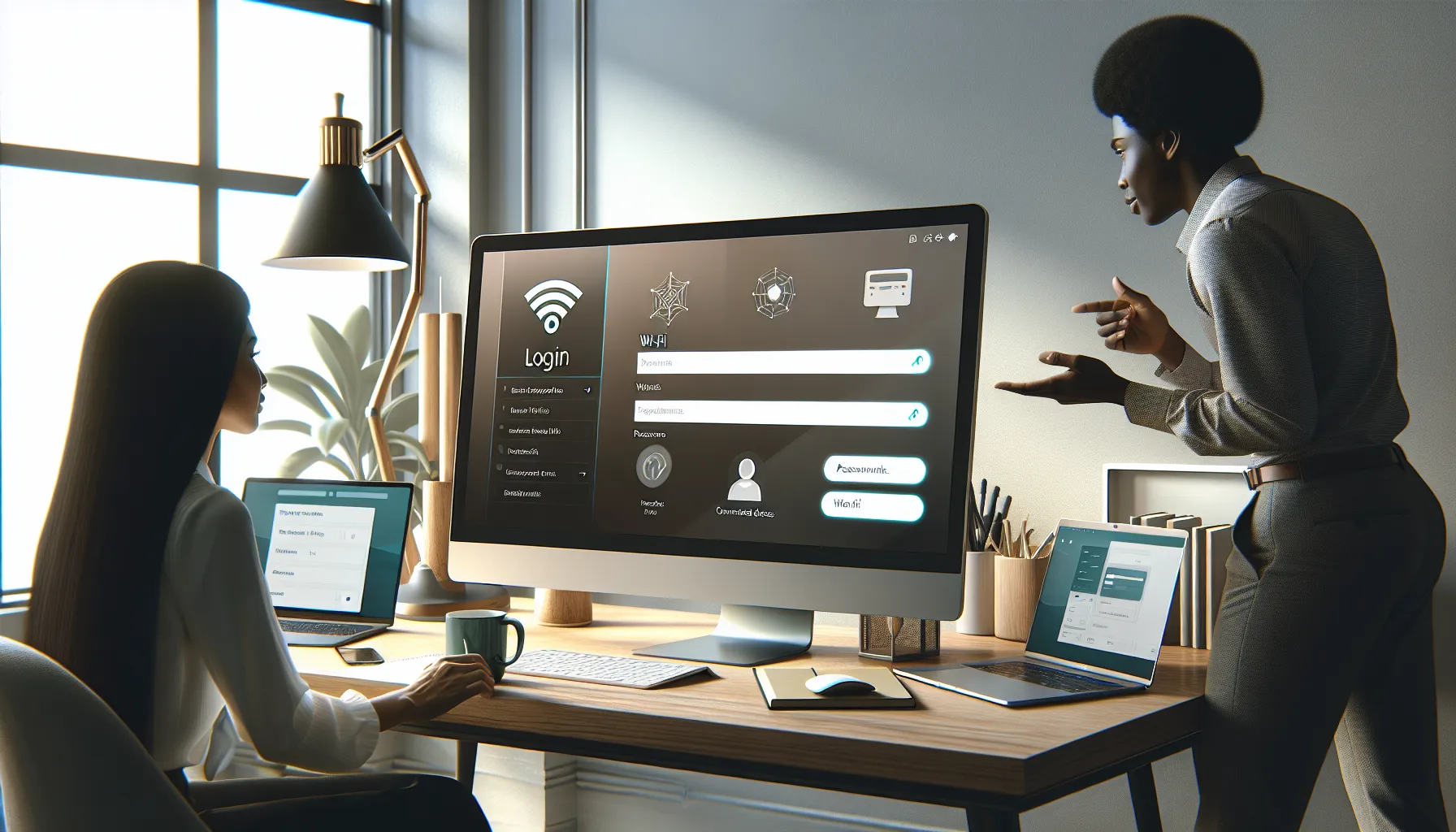 person accessing router settings on a computer in a modern workspace.