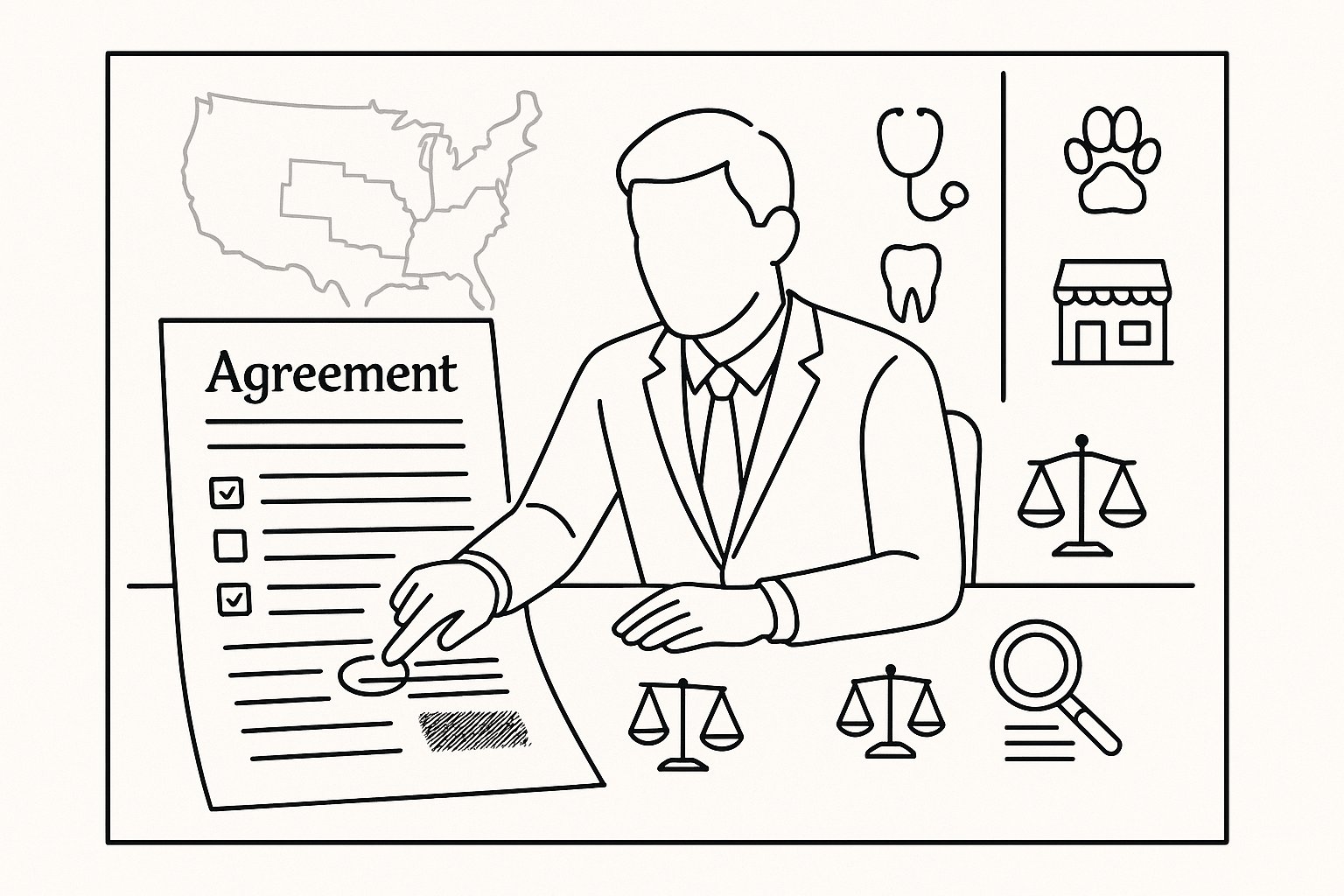 Independent Contractor Agreement Review Attorney 1 Attorney reviewing a contract with healthcare and US jurisdiction icons of Independent Contractor Agreement Review Attorney