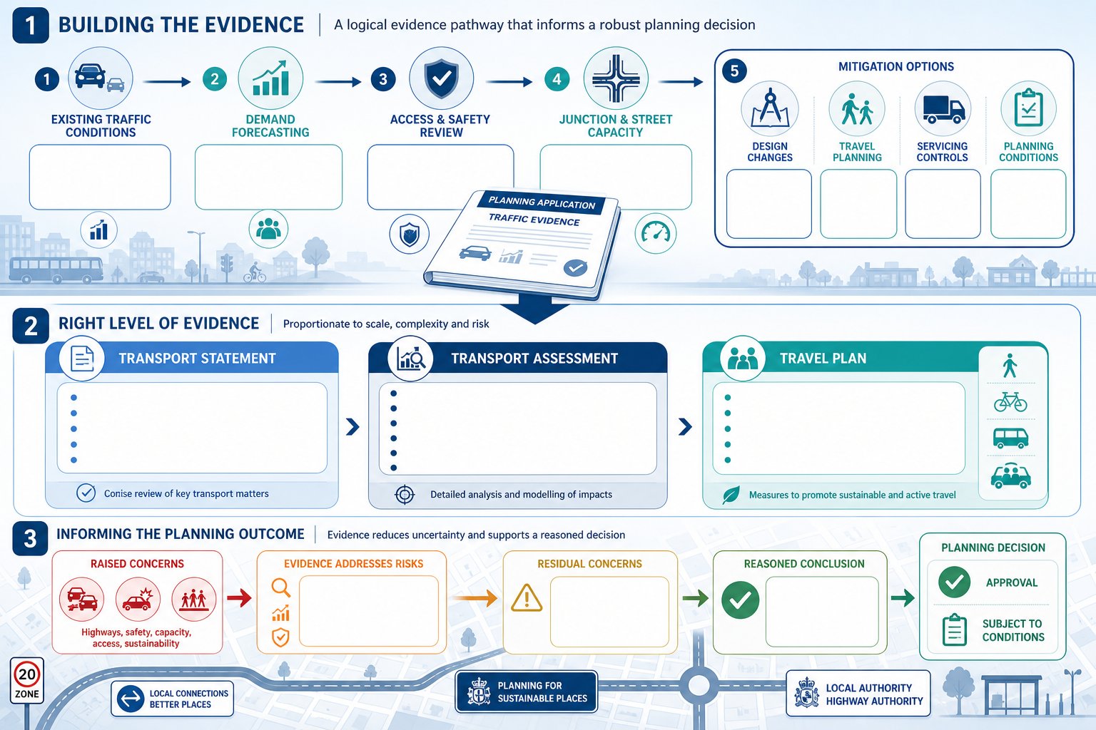 Infographic comparing UK transport planning documents and traffic evidence process.