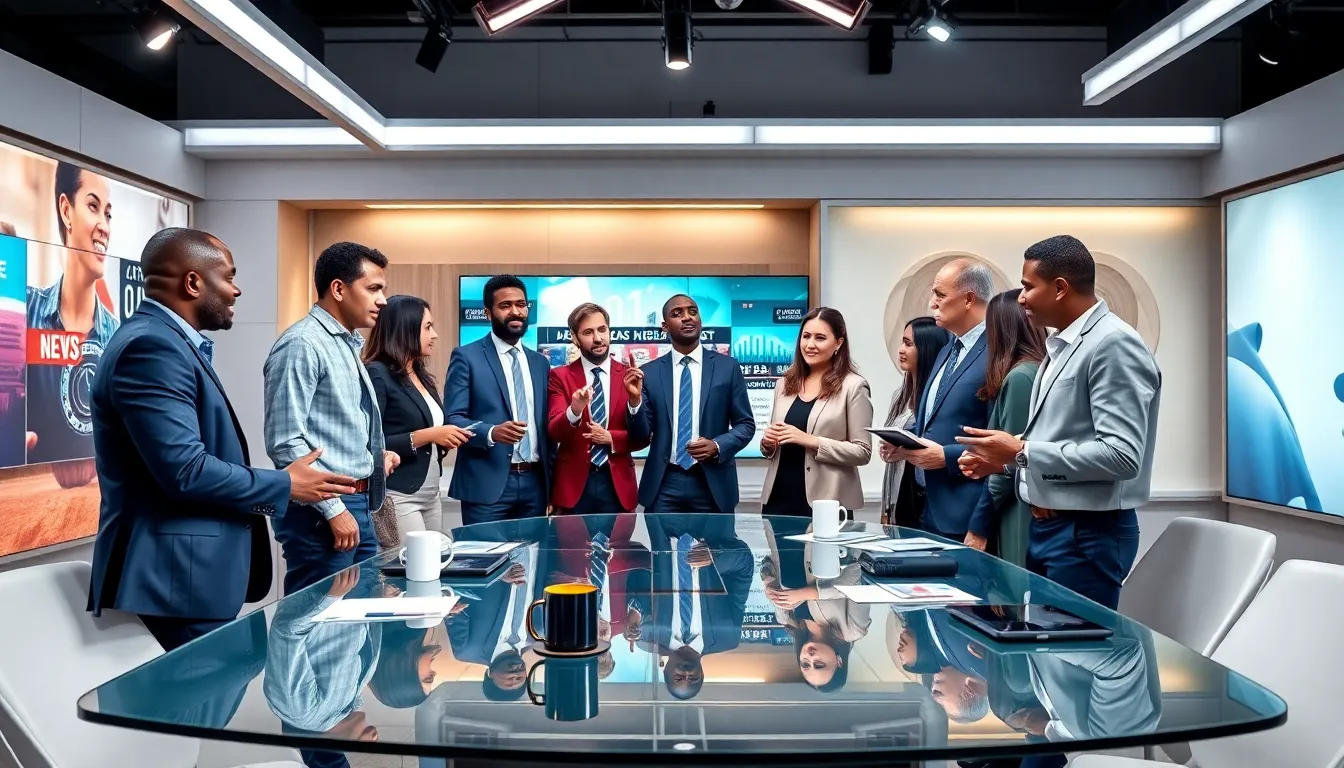 diverse team collaborating in a modern news studio.