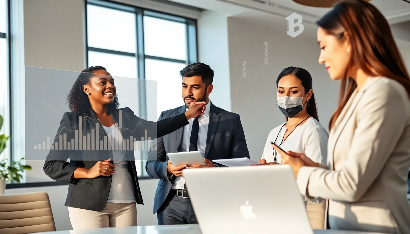 professionals discussing cryptocurrency in a modern office setting.
