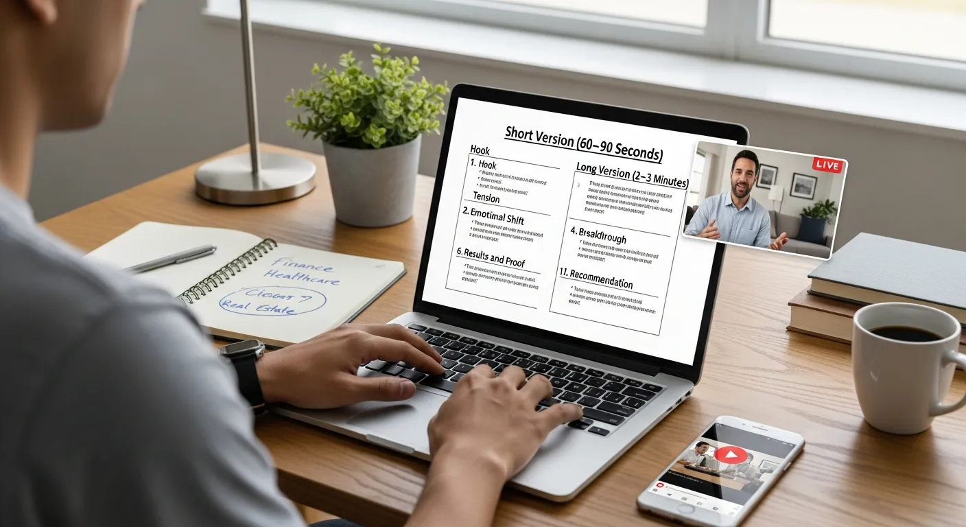 Marketer types a structured video testimonial script template while a client talks on screen.