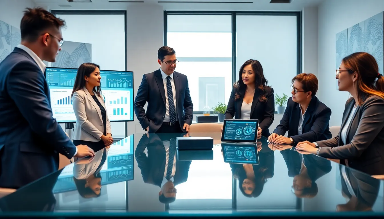 diverse professionals collaborating on AI and machine learning in a modern office.