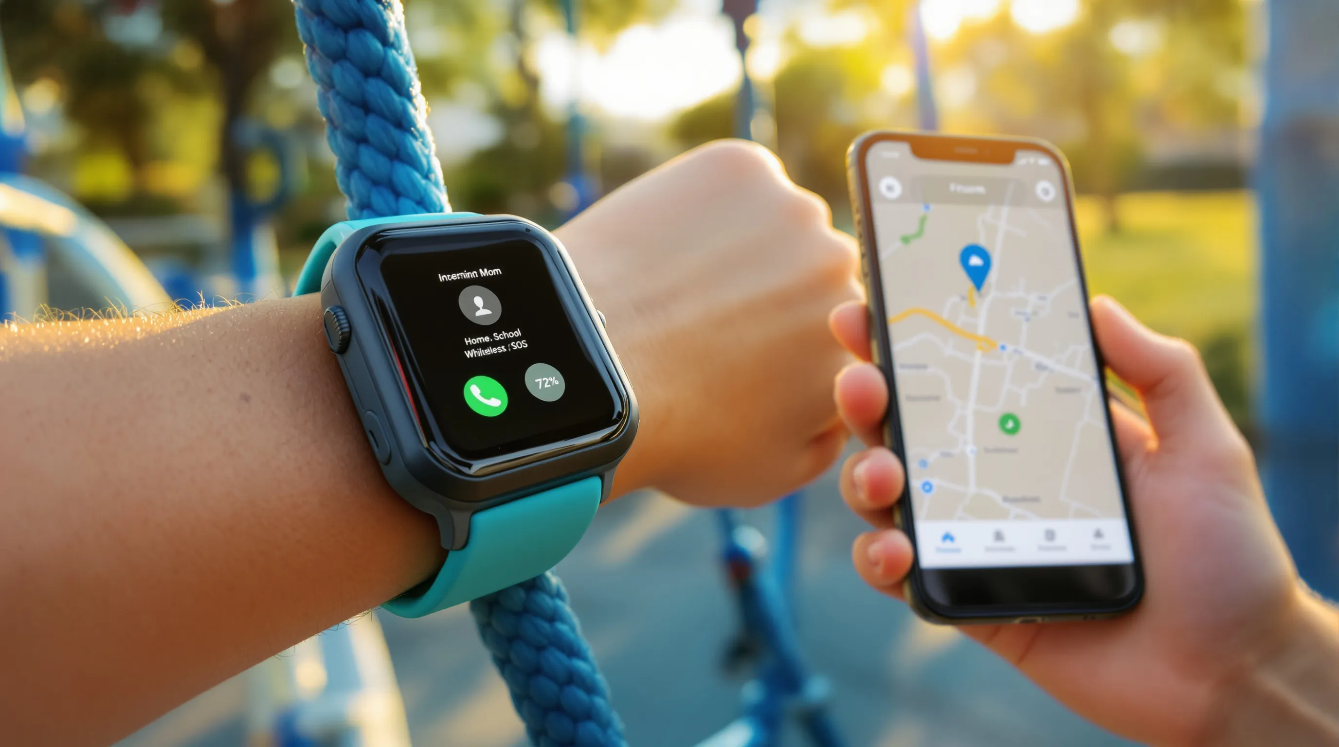 Child wearing a GPS tracker watch on a playground, parent app shows geofences.