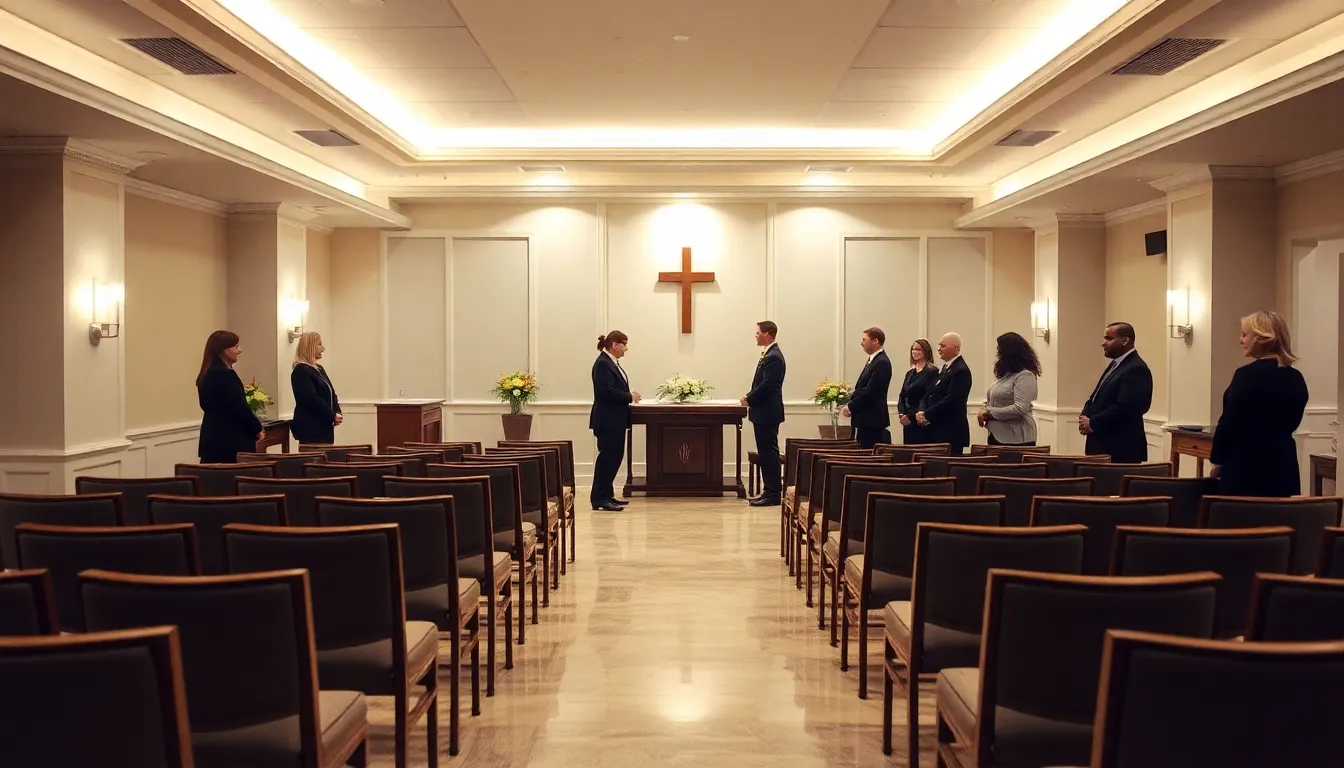 interior of Peninsula Funeral Home with staff assisting families.