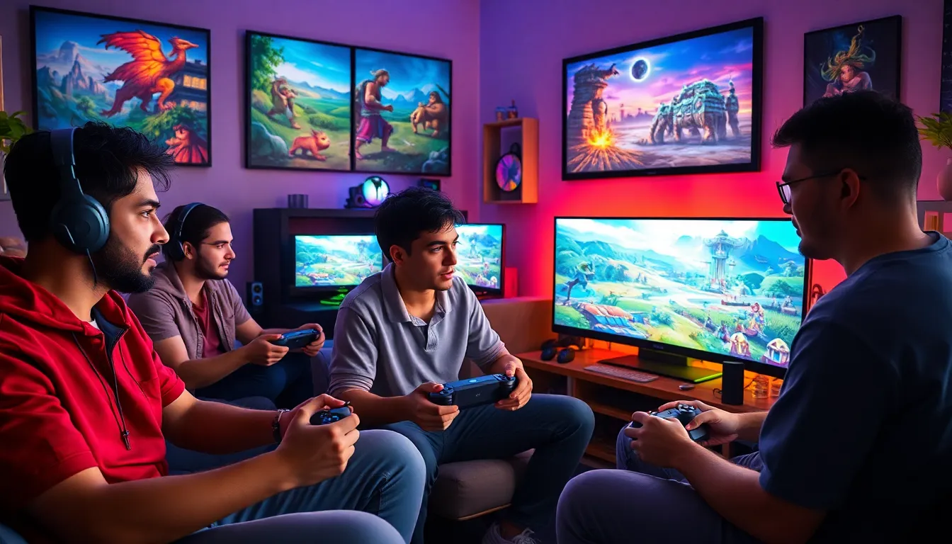 diverse gamers playing MMORPG on Xbox in a modern living room.