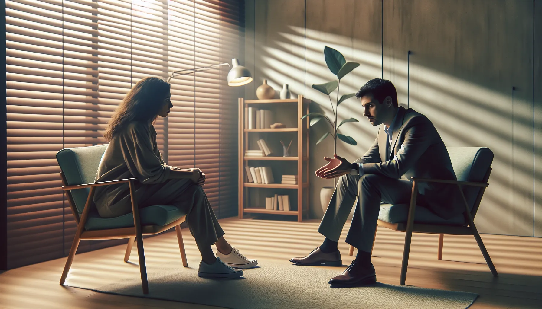 Counselor speaking with resistant client in modern therapy office setting