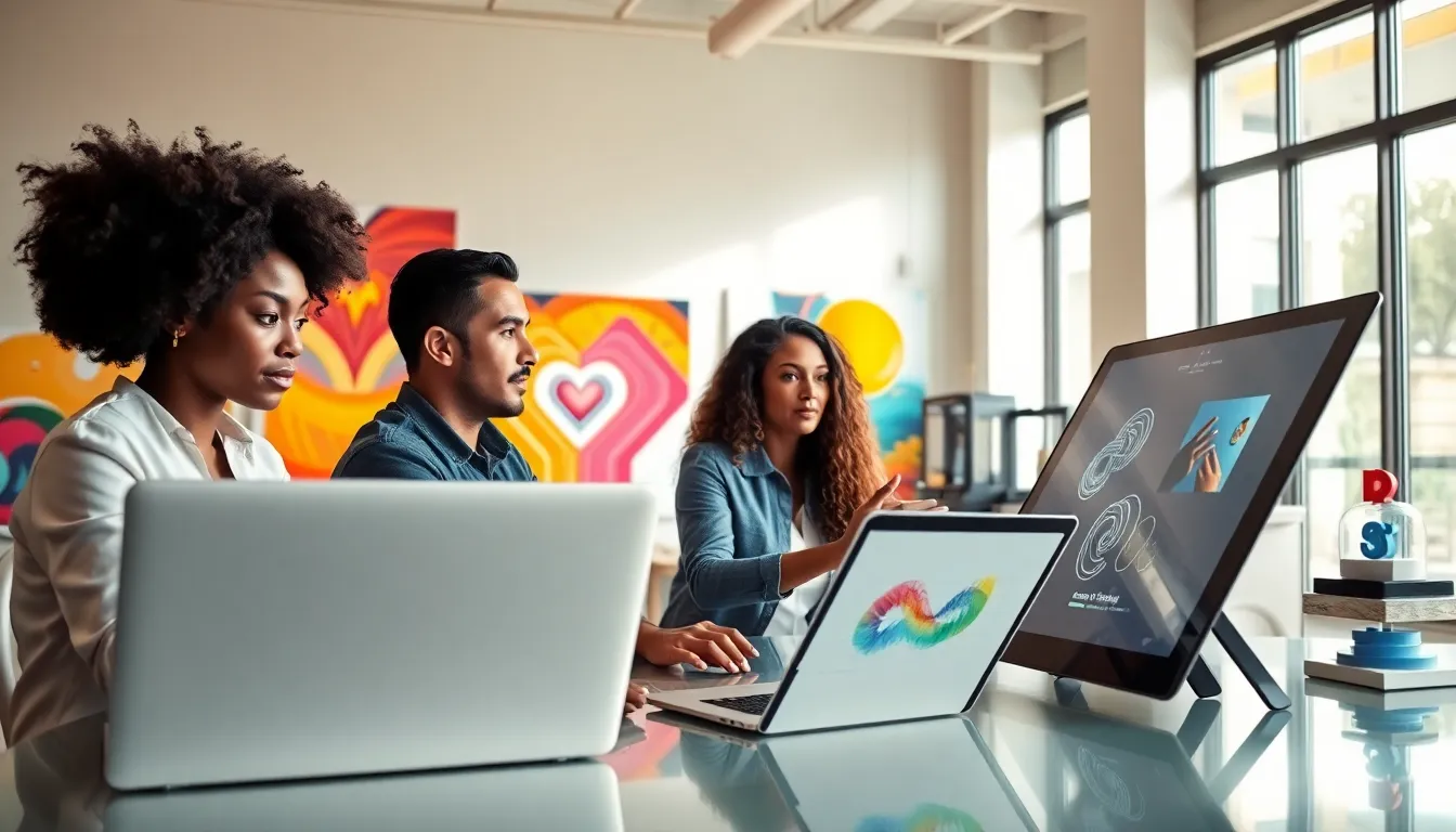 diverse team collaborating on technology art in a modern studio.