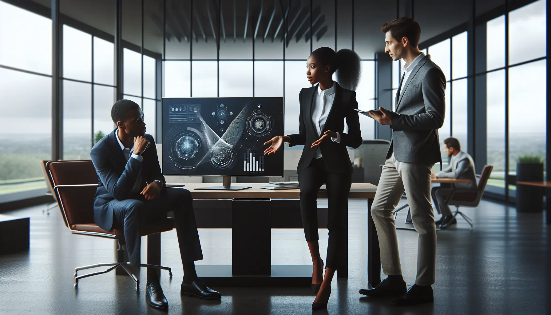 professionals collaborating around an FHD IPS display in a modern office.