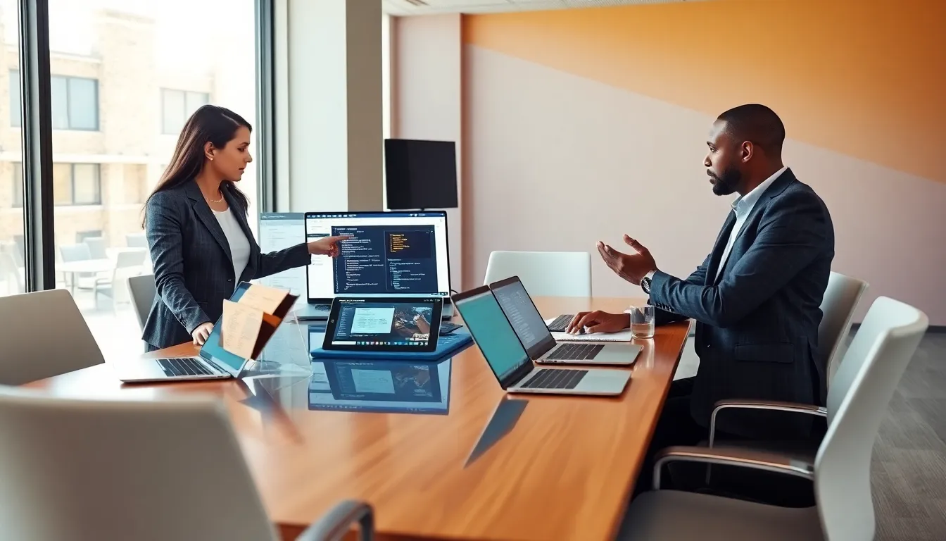 diverse team discussing retrofitting legacy WebBizMagnet PLC systems in an office.