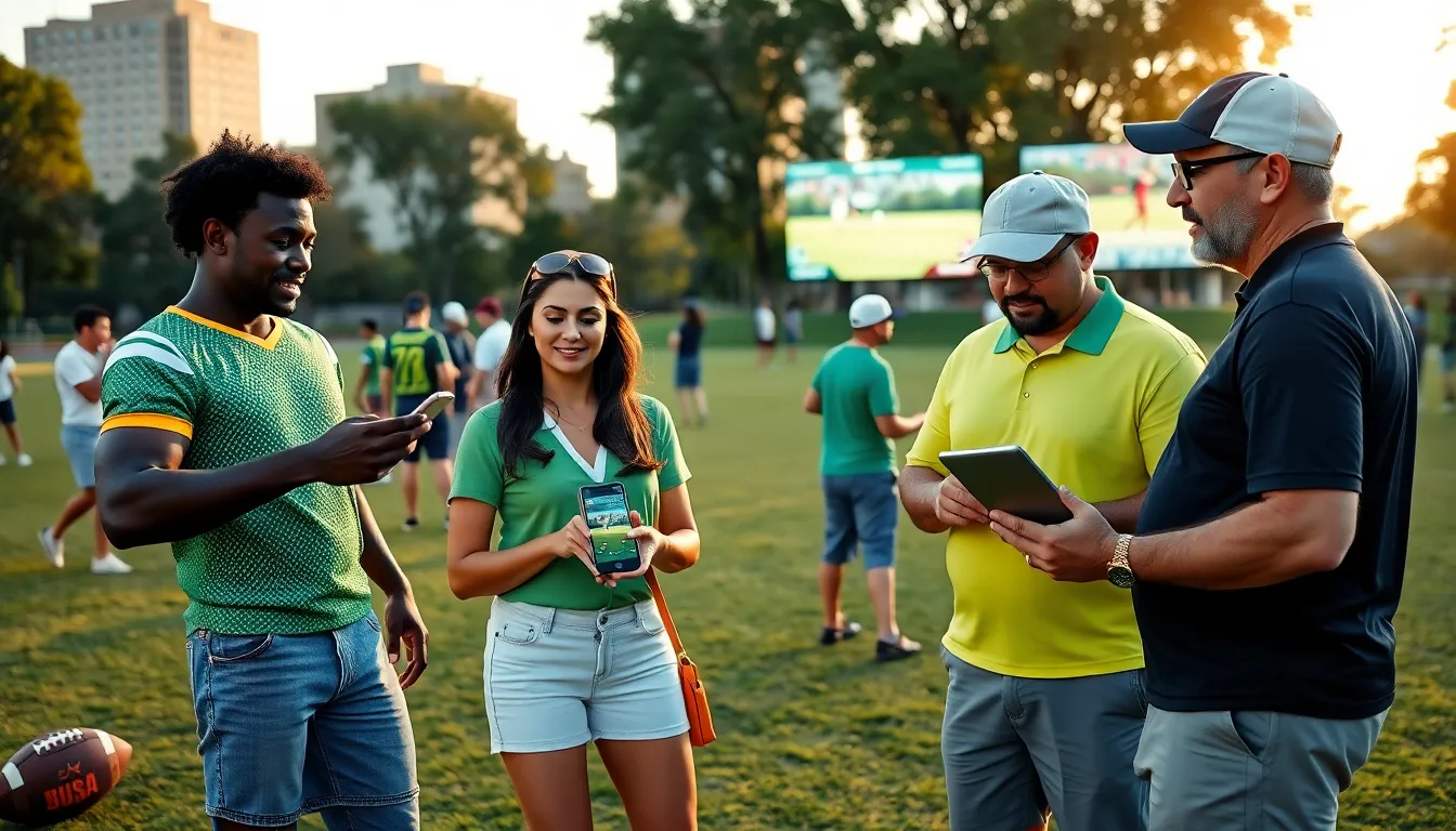 sports fans engaging with LatestSportsBuzz at a park with football and golf activities.