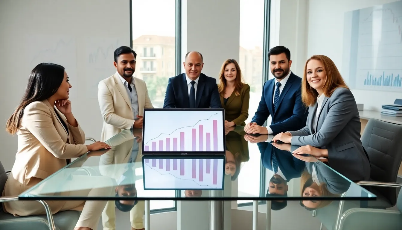 diverse investors discussing stock trends in modern office.