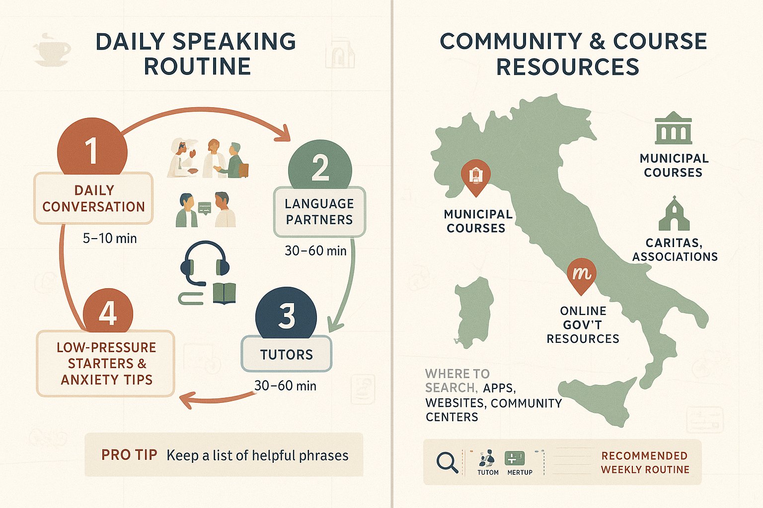 Infografica che mostra la routine quotidiana di conversazione italiana e le risorse per corsi della comunità italiana.