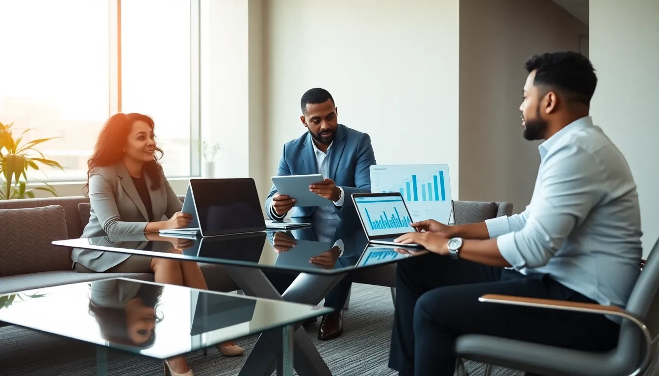 diverse professionals discussing home mortgage rates in a modern office.