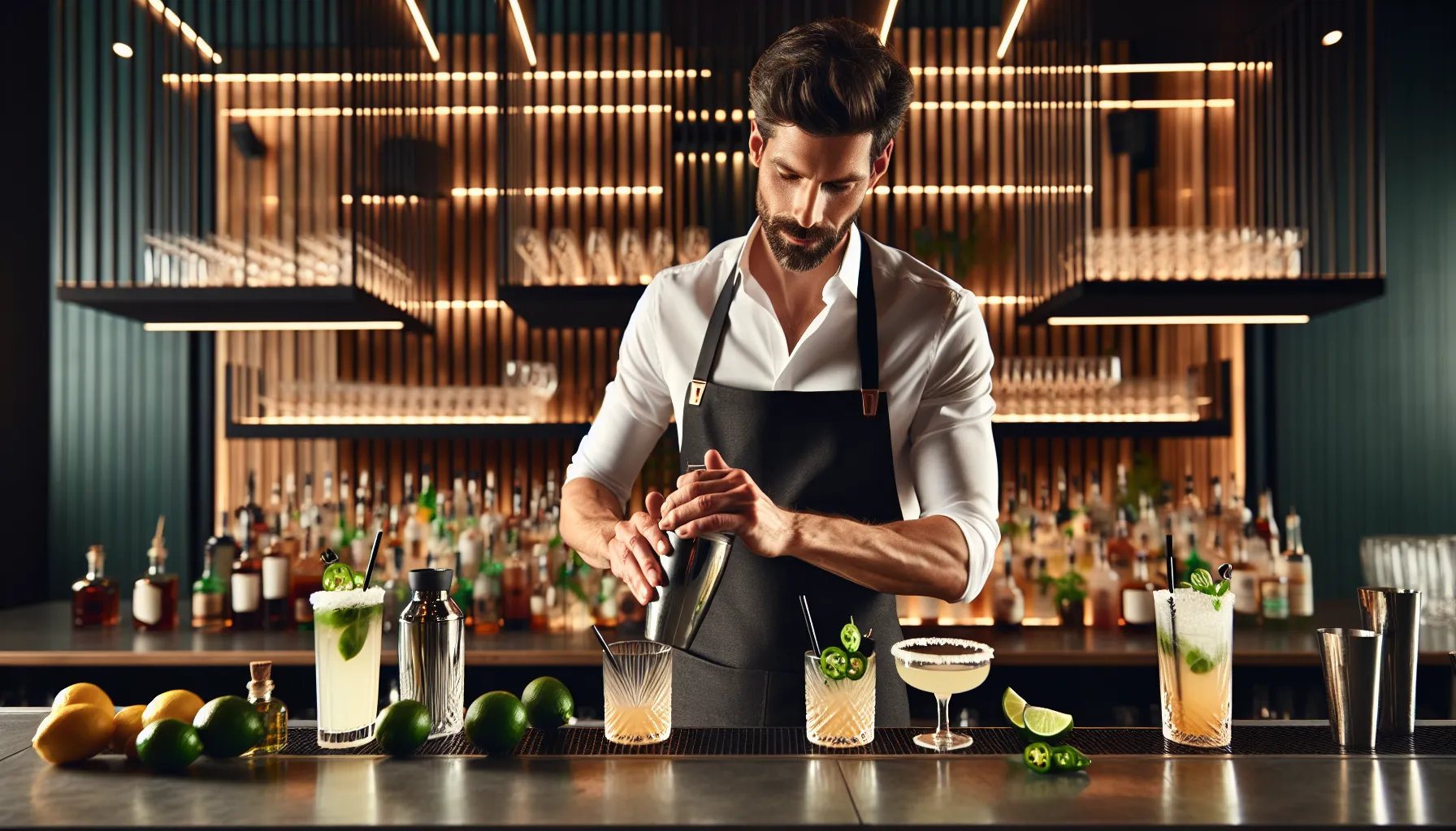 bartender preparing colorful jalbitedrinks cocktails at a modern bar.