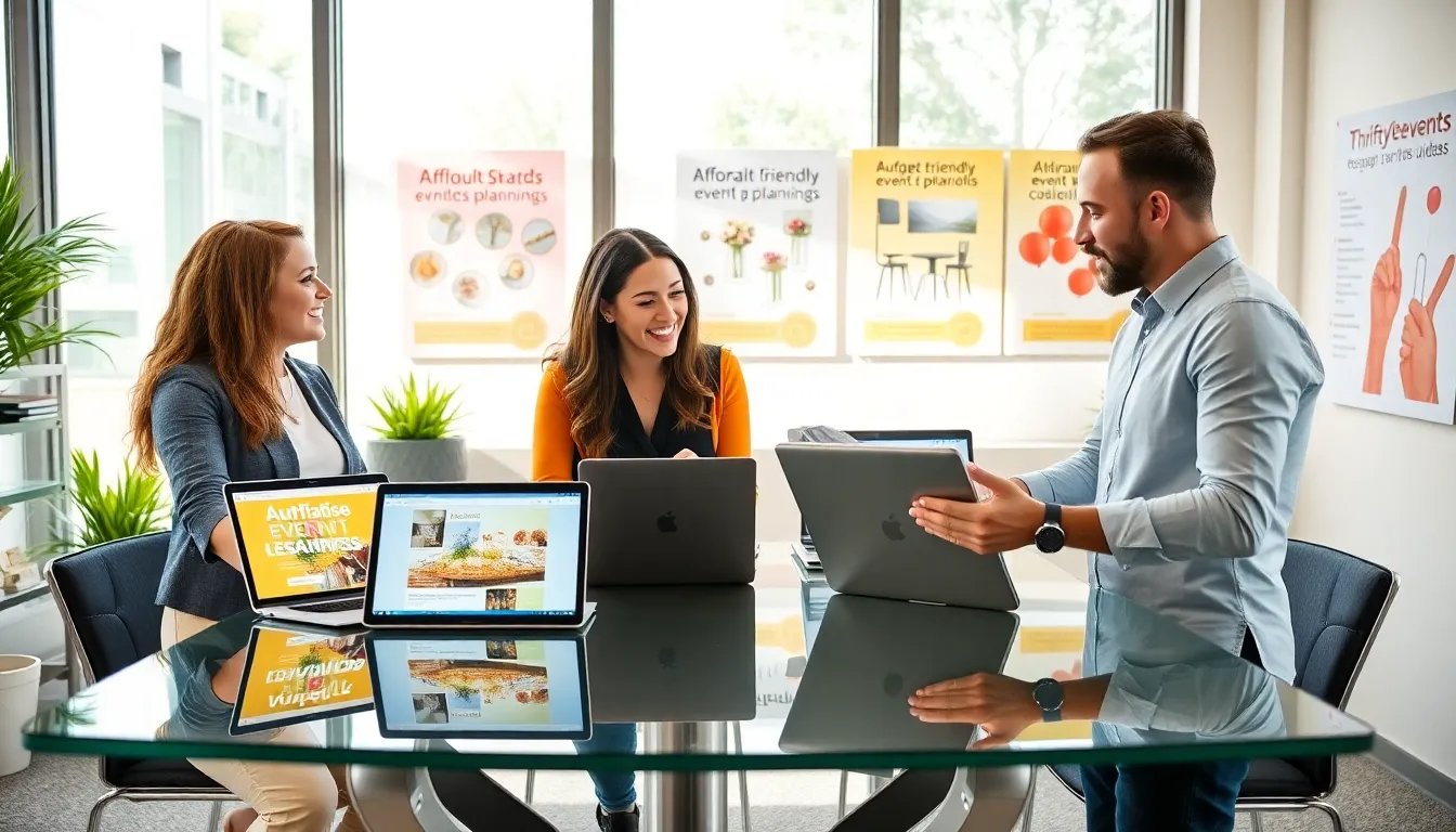 diverse professionals discussing budget-friendly event planning in a modern office.
