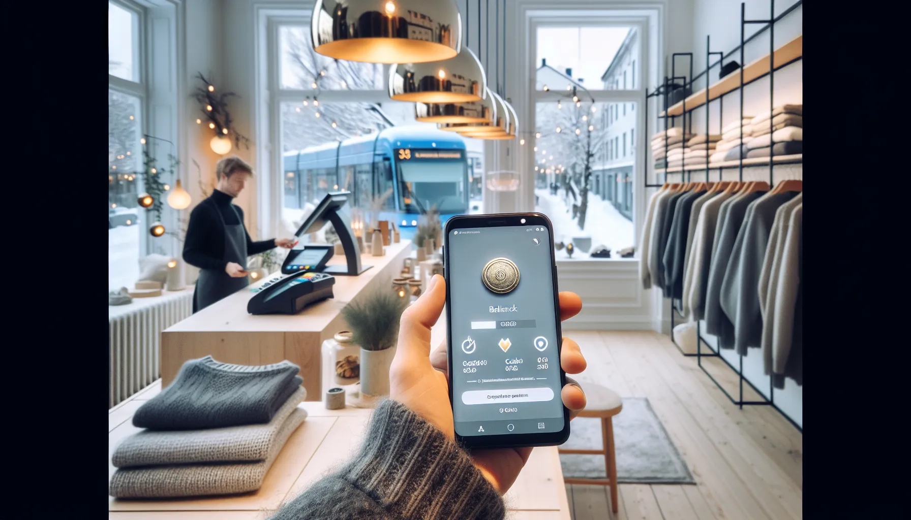 Shopper redeems loyalty points via app at a norwegian store checkout.