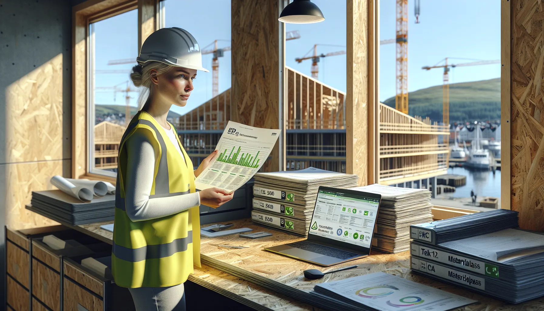 Engineer verifies epd and traceability for recycled materials in a norwegian site office.