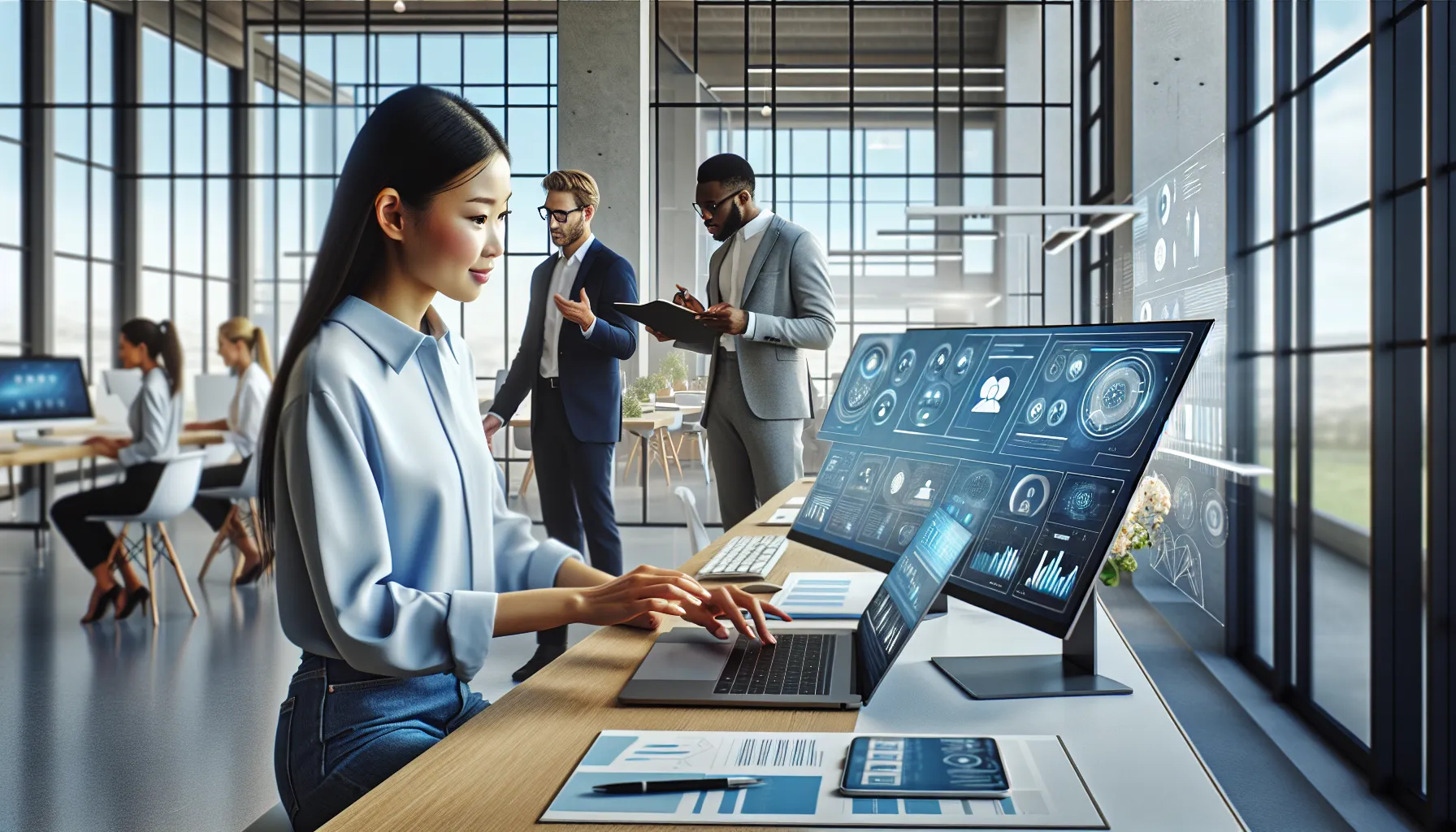 professionals collaborating in a modern office showcasing upgraded software features.