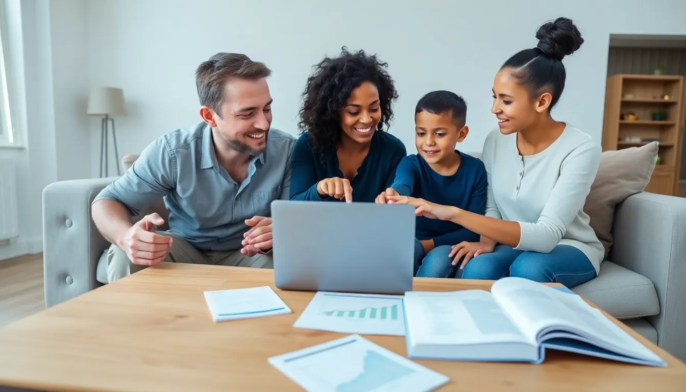 family discussing financial goals in a modern living room.