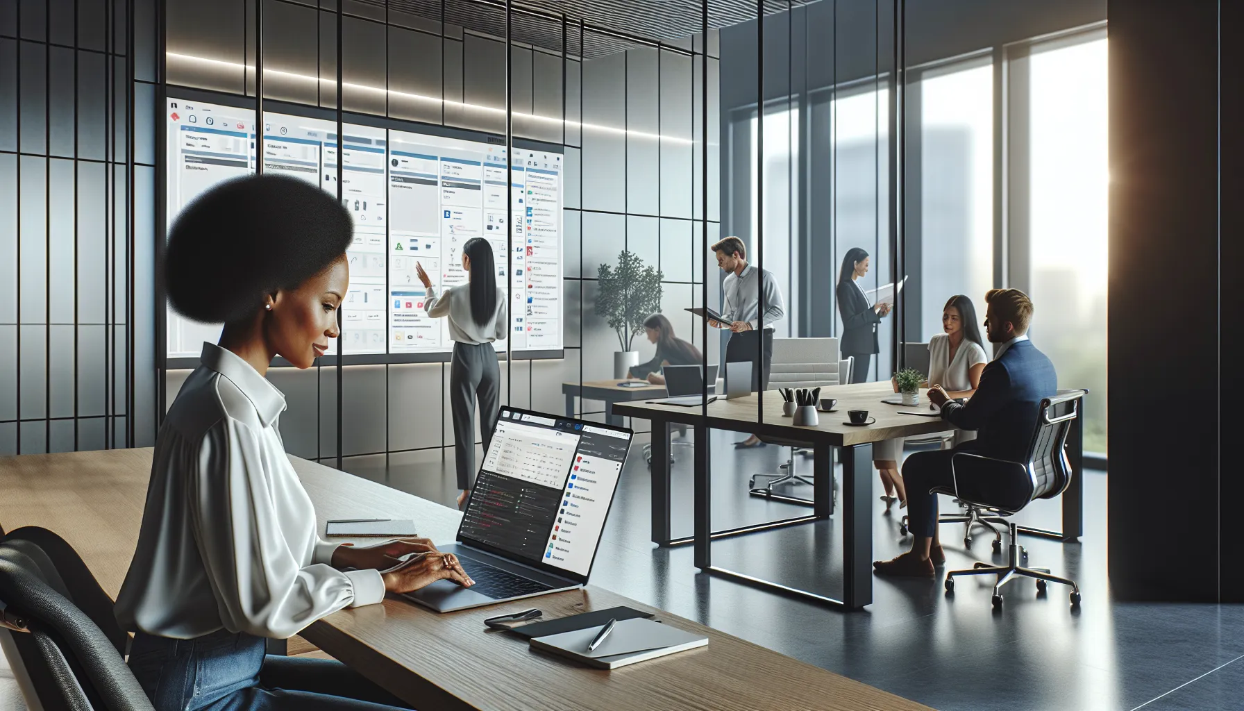 diverse professionals managing emails in a modern office.