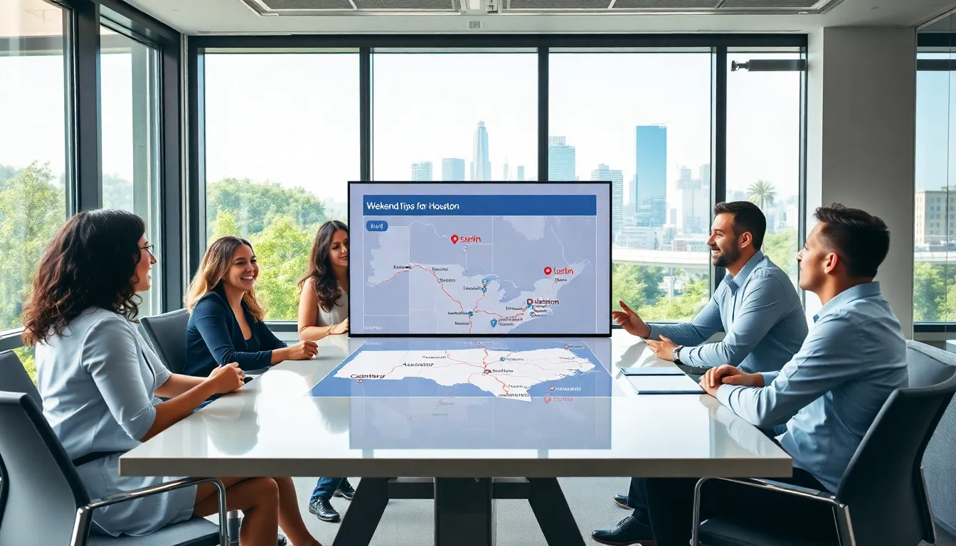 diverse team planning weekend trips from Houston in a modern office setting.