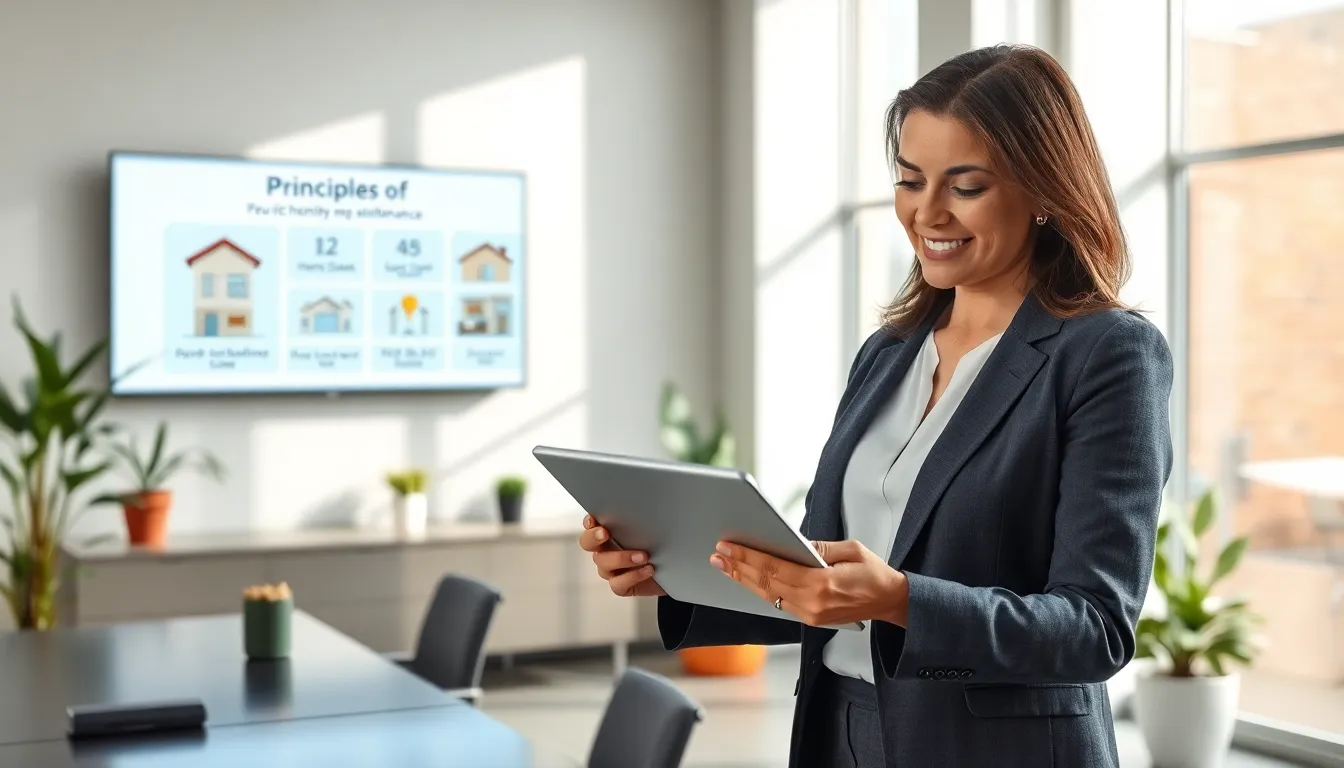 A woman at a real estate office discussing property maintenance.
