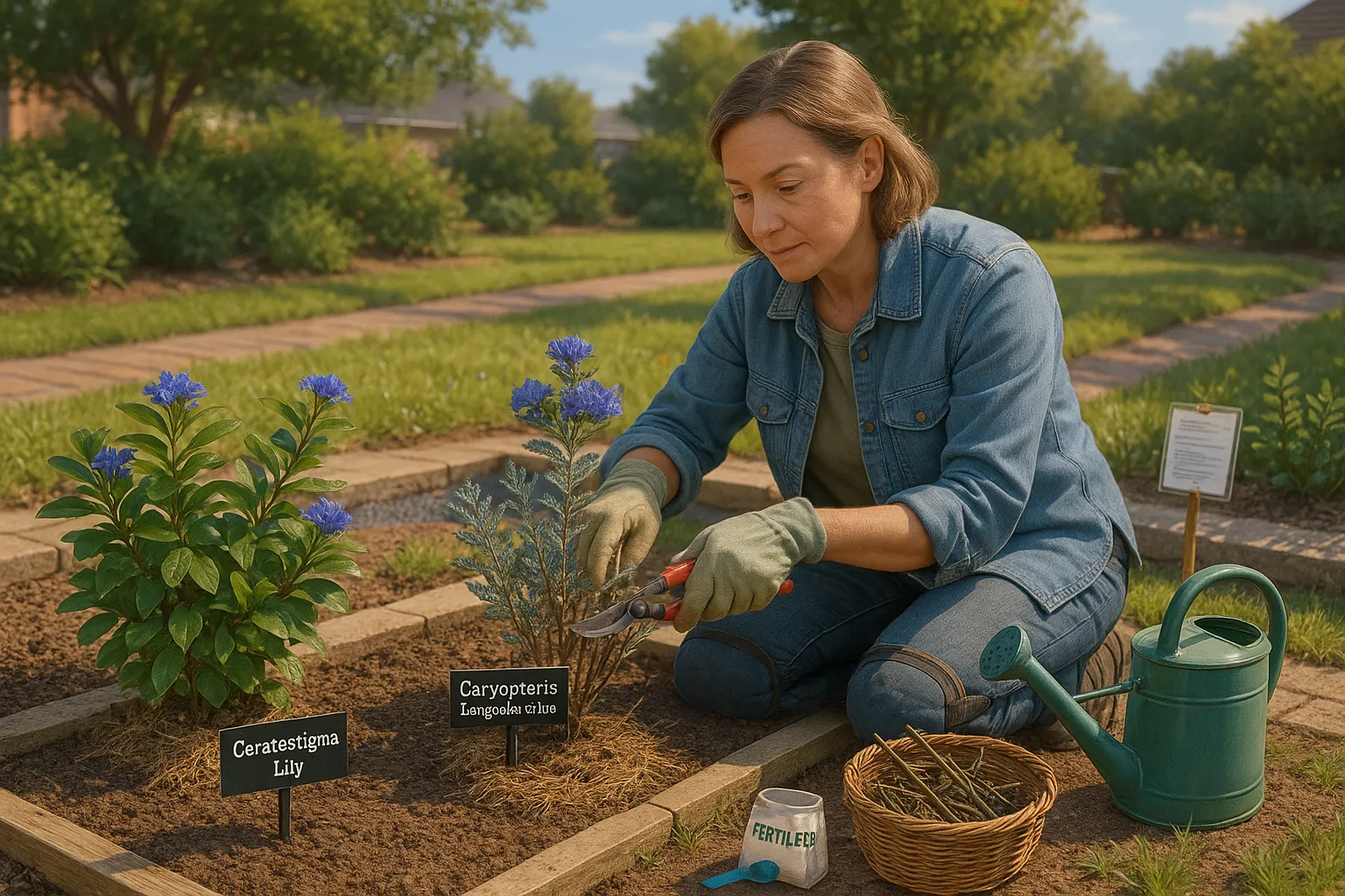 Gardener pruning and labeling Ceratostigma and Caryopteris in a sunny raised bed.
