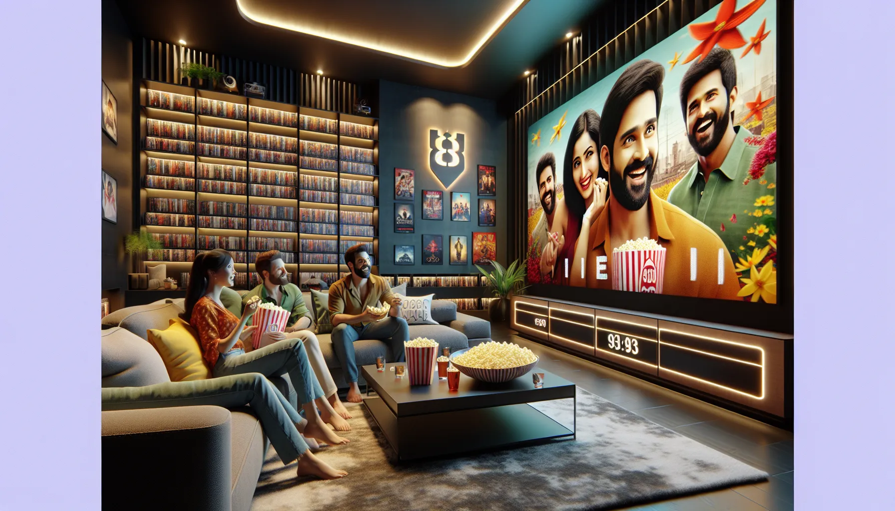 diverse group enjoying a Telugu movie in a cozy home theater.