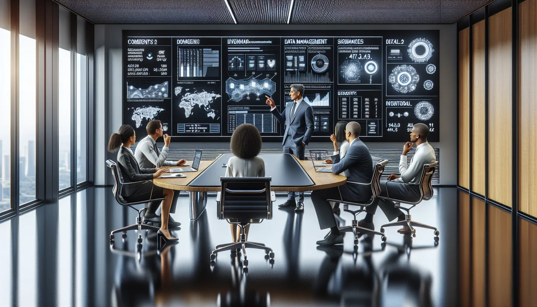 diverse professionals discussing data management in a modern office setting.