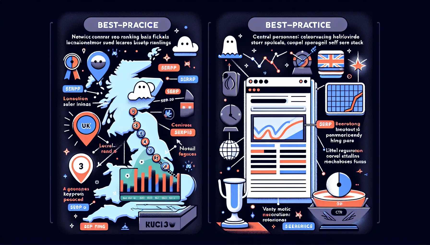 UK-focused infographic showing website ranking tracking pitfalls and recommended fixes.