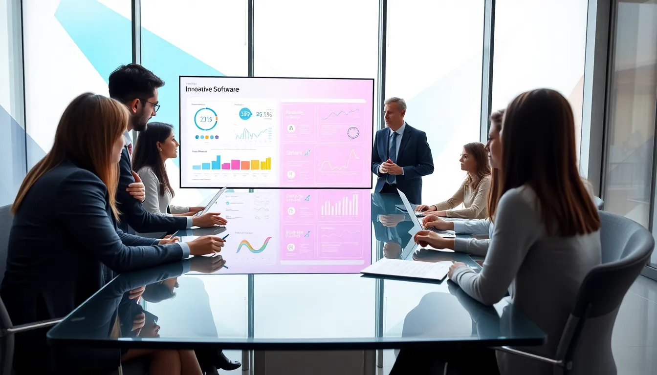 diverse team collaborating in a modern office on software solutions.