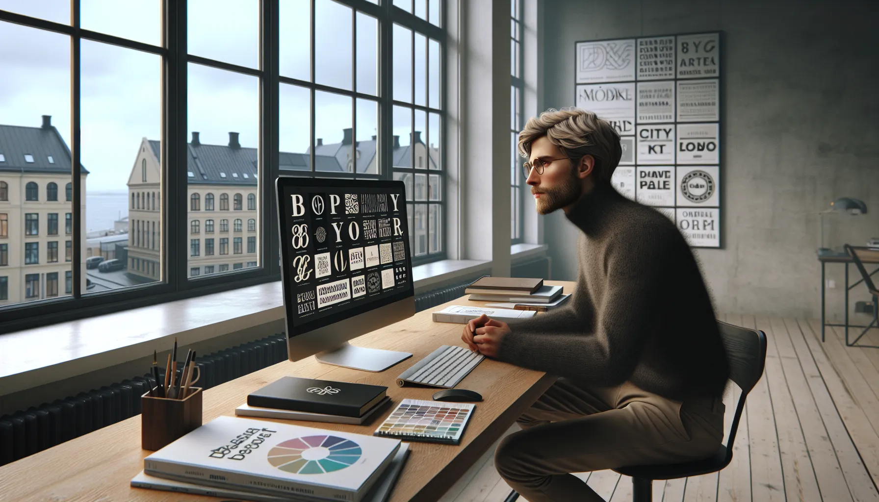 Norwegian designer refining brand typography options on a screen in a modern studio.