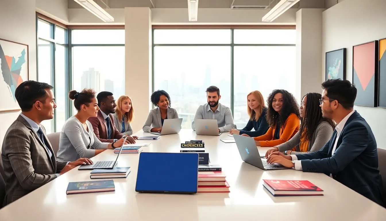 diverse students discussing global affairs in a modern office setting.