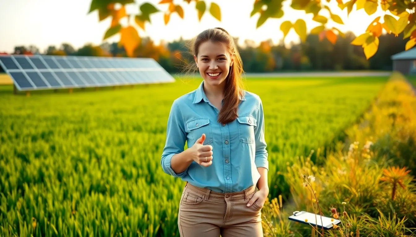 Naomi Bennett stands in a green field, promoting renewable energy solutions.
